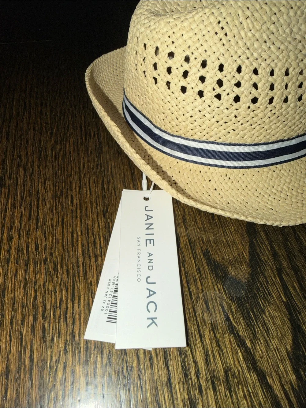 Baby Straw Fedora Hat with Navy Stripe Band - Beige